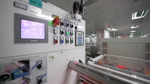 Innovative factory indoors equipped with robotic dedicated production heavy equipment