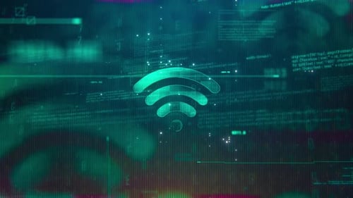 Futuristic Wi-Fi Signal Animation with Digital Code Background