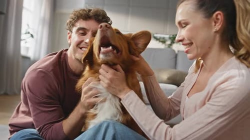 Couple Affectionately Petting Their Dog at Home