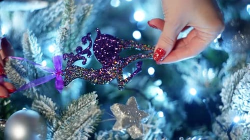 Decorating Christmas Tree with Ornaments and Twinkling Lights