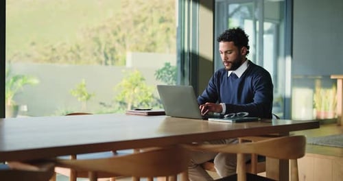 Businessman, accountant and typing with laptop in office for company finance, research or report