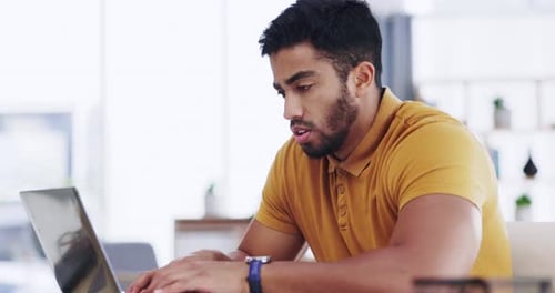 Laptop, typing and business man with headache, tax and challenge in office
