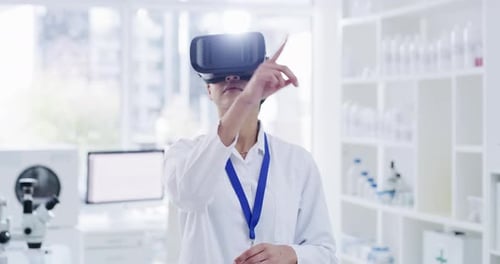 Science, metaverse and virtual reality or vr digital headset on researcher in a laboratory