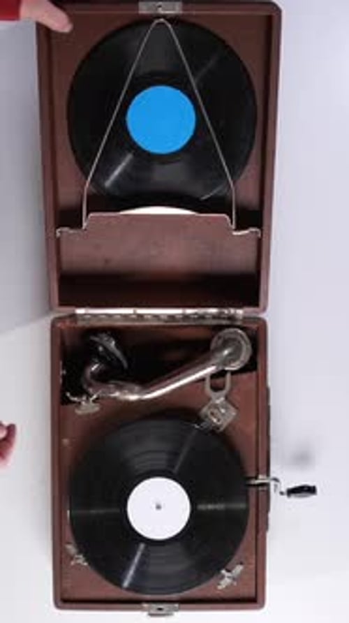 Vertical Video Top View Opening the Lid of a Vintage Gramophone Old Vintage Wooden Gramophone