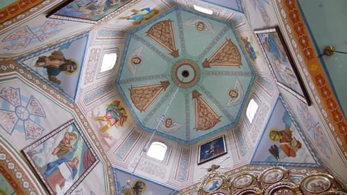 08. Interior, architecture of the Orthodox church with painting, iconostasis and panikadylo.
