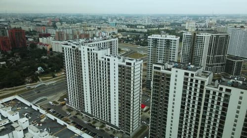 Modern urban architecture. Multi-storey buildings with infrastructure. Densely populated urban area.