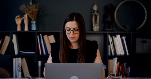 Zoom in Portrait of Young Smart Beautiful Caucasian Freelancer Business Woman Using Laptop to Work