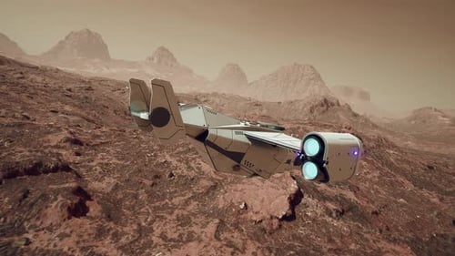 Futuristic Spaceship Flying Over Alien Rocky Planet Surface