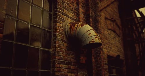 Rusty Pipe Protruding From a Brick Wall in an Abandoned Industrial Location