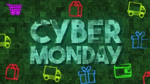 Cyber Monday Neon Digital Text Reveal with Shopping Icons