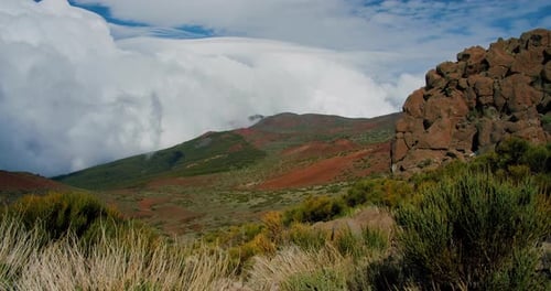 White Fluffy Clouds are Below the Forest Peak of the Mountain