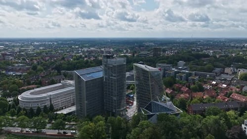 Aerial drone view of Modern architecture buildings in Münster , Germany