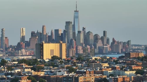 Aerial view of the World Trade Center at dusk