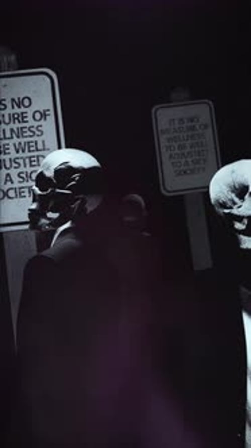 Suited Skull Mannequins With Wellness Signs Loop