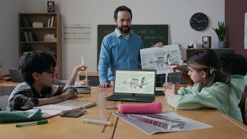 Teacher Explains Wind Turbine to Students in Classroom