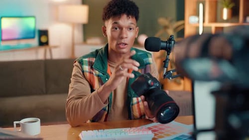 Streamer, microphone and camera with man in studio for content creator, advice or broadcast