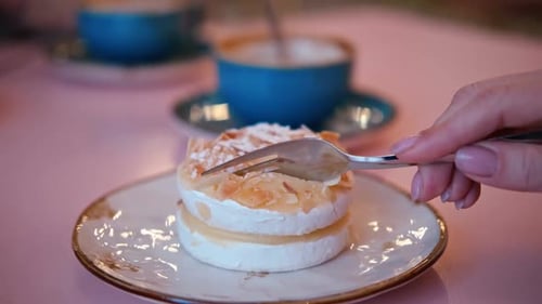 Eating Bite Of Mousse Cake Eat Delicious Sweet White Dessert Pastry In Restaurant Cafe Cutting