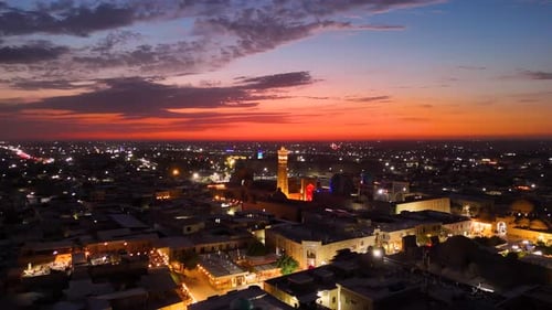 Sunset aerial view of Kalan Mosque and Ark of Bukhara in Bukhara, Uzbekistan