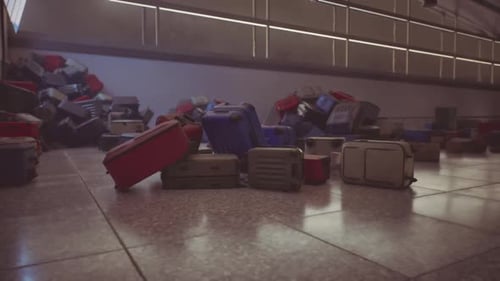 Abandoned Airport with Scattered Luggage Lying on the Floor in Disarray