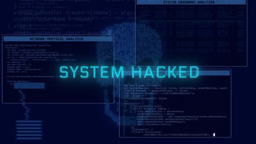 System Hacked Digital Alert with Futuristic Code Interface