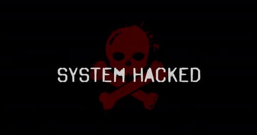 System Hacked Glitch Warning with Skull and Crossbones