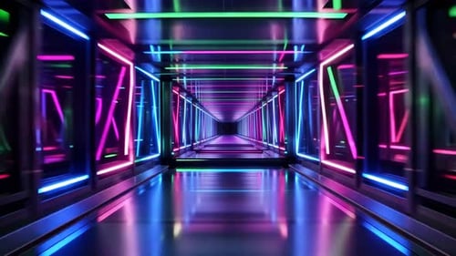 Moving Through Futuristic Reflective Neon Corridor
