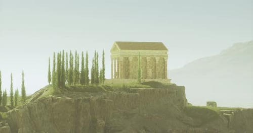 Ancien temple entouré d'une végétation luxuriante sur une falaise rocheuse