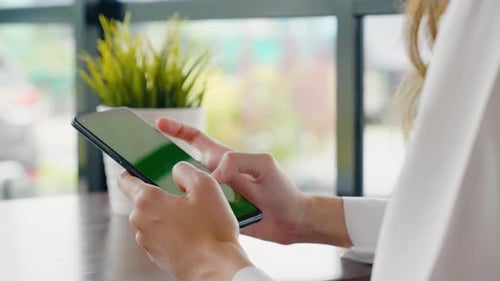 Happy Female Lifestyle Sitting in Cafe Near Window She Cellphone on Mobile Phone