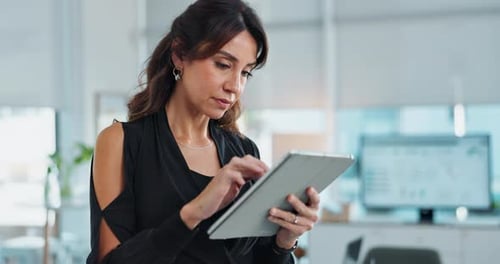 Business, search and woman in office with tablet, online schedule or agenda for website review