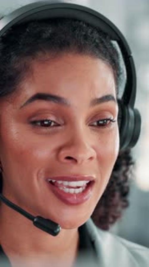 Headset, woman and call center agent in office with communication, contact us or helpdesk