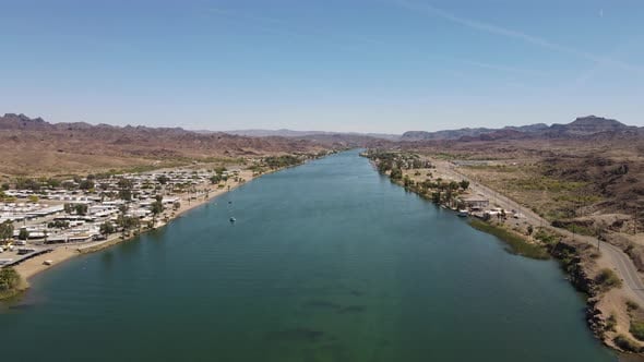Aerial View of Colorado River in Parker, Arizona. Slow Ascend Shot in ...