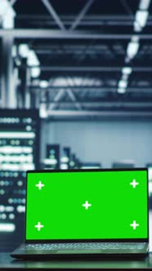 Laptop with Green Screen Display in Server Room
