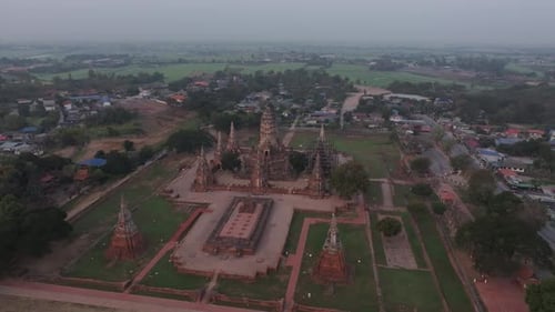 Aerial scene of royal-era temple ruins, Ayutthaya, Thailand