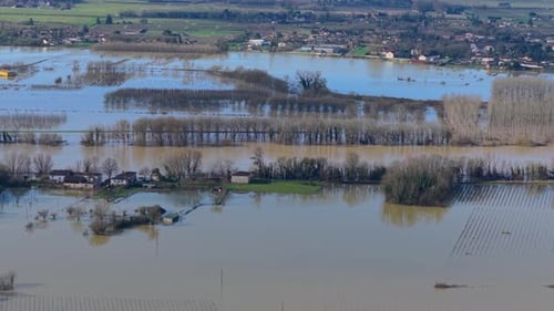 Aerial view of floodwaters engulfing fields, Sainte-Croix-du-Mont, France.