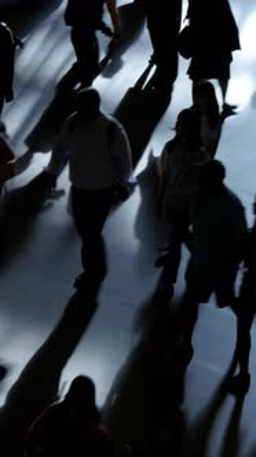 Silhouettes of Various People Walking Together in a Busy Urban Area During Nighttime