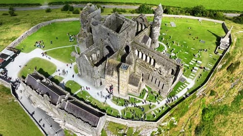 Ireland Epic Locations drone static view of The Rock Of Cashel historic site in Tipperary one of the