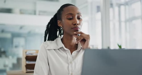 Business woman, laptop and thinking, planning or brainstorming for copywriting