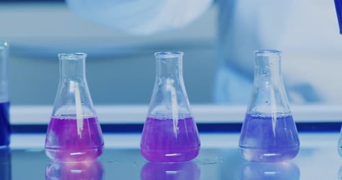 A medical research experiment in a chemistry lab of color changing liquid