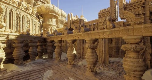 Intricate Temple Architecture Featuring Detailed Carvings in a Desert Setting