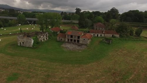 Abandoned Farm in Rural Landscape Aerial View