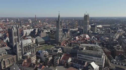 Slow rise over Ghent Tower row in Belgium