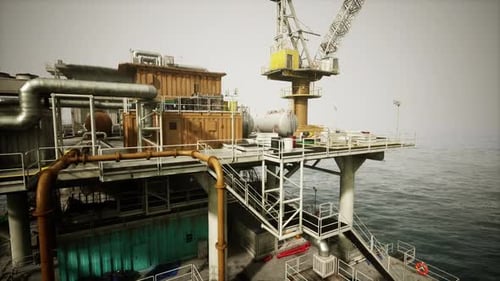 An Old Oil Platform Along the Coast Showing Structures and Equipment at Sunset