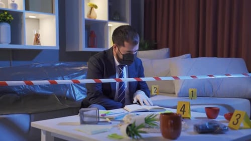 Detective Investigates Crime Scene Wearing Mask and Gloves