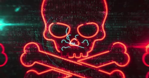 Cyber attack with skull symbol loop digital concept