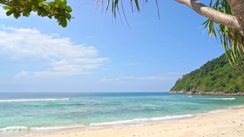 Hidden Tropical Sandy Beach and Lagoon With Green Vegetation, Turquoise Sea and Light Waves on Sunny