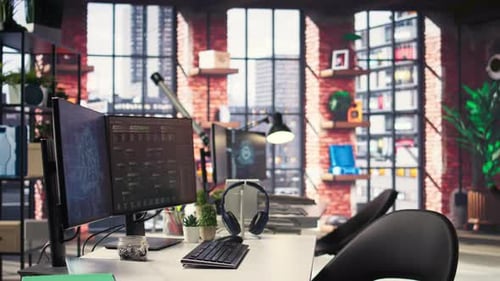 Empty Desktop with Futuristic Software Tools Shows Live AI Brain Processing