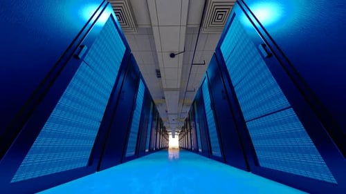 Flying Through Digital Server Room Data Center Corridor
