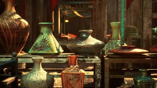Traditional Artistic Vases in a Textured Market Scene
