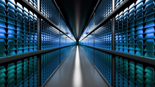 Kühlsystem für Serverräume mit blauem Licht, das auf Metallgittern reflektiert wird