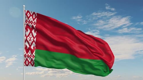 Realistic Waving Flag Of Belarus Against Blue Sky
